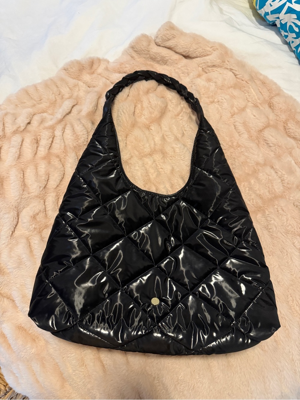 House of Harlow 1960 Glossy Black Quilted Shoulder Bag